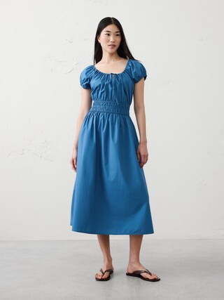 Poplin Gathered-Neck Midi Dress | Banana Republic Factory