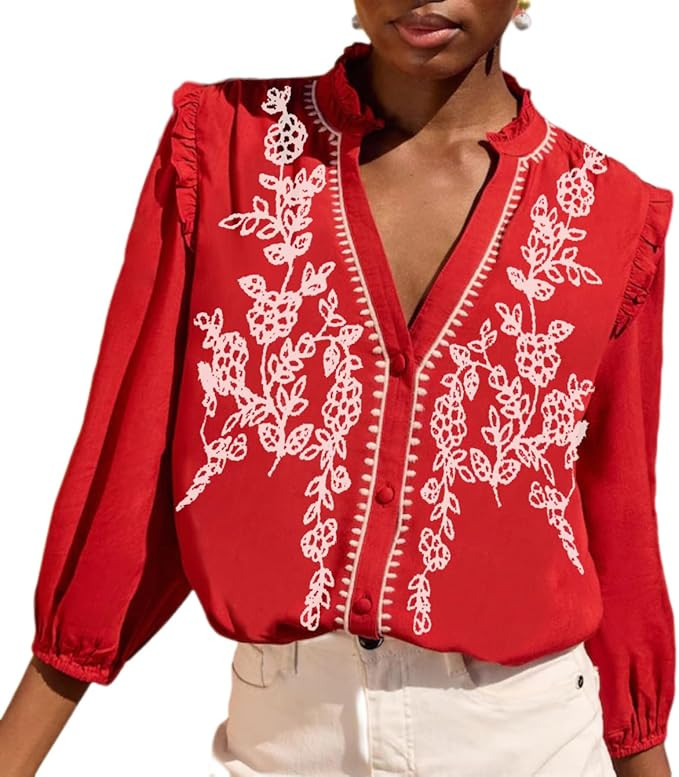 Melliflo Embroidered Tops for Women 3/4 Sleeve Peasant Blouse V Neck Button Down Shirts Dressy Ca... | Amazon (US)