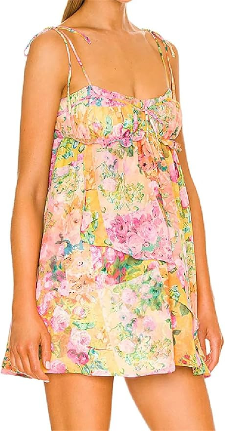 Women Boho Bow Corset Flower Print Spaghetti Strap Mini Dress Backless Skater Lacing Up Holiday R... | Amazon (US)
