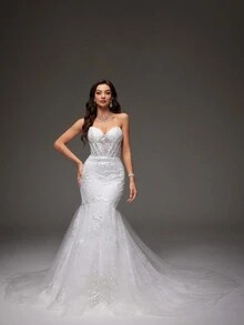 Elegant Charming Puff Sleeves Sweetheart Lace Appliques Sweep/Brush Train Tulle Mermaid Wedding D... | SHEIN