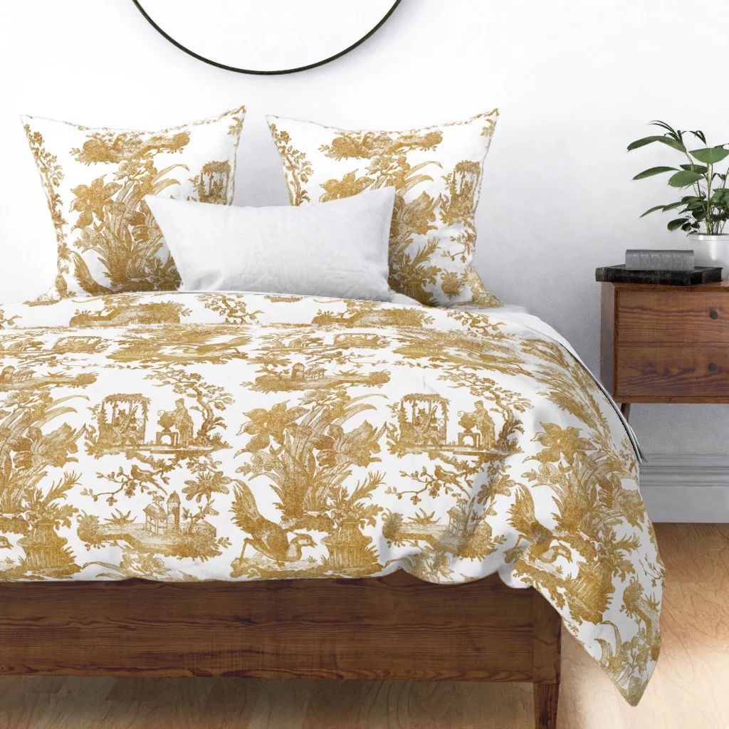 Cotton Sateen Duvet Cover, King/Cali King - Vintage Style Chinoiserie Toile White Faux Gold Asian... | Walmart (US)