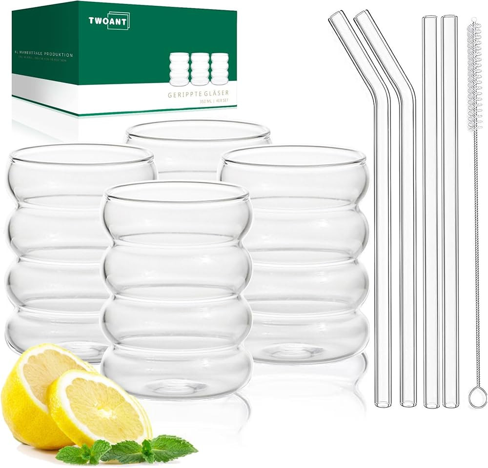 Ribbed Drinking Glasses with Glass Straws Set of 4 13 oz Wave Bubble Glass Tumbler Aesthetic Cup ... | Amazon (US)