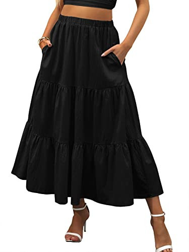 ANRABESS Women’s Summer Boho Flowy Swing Tiered A-Line Maxi Skirt 2025 Fashion Trendy Elastic Waist Pleated Long Beach Dress with Pockets Black XX-Large | Amazon (US)