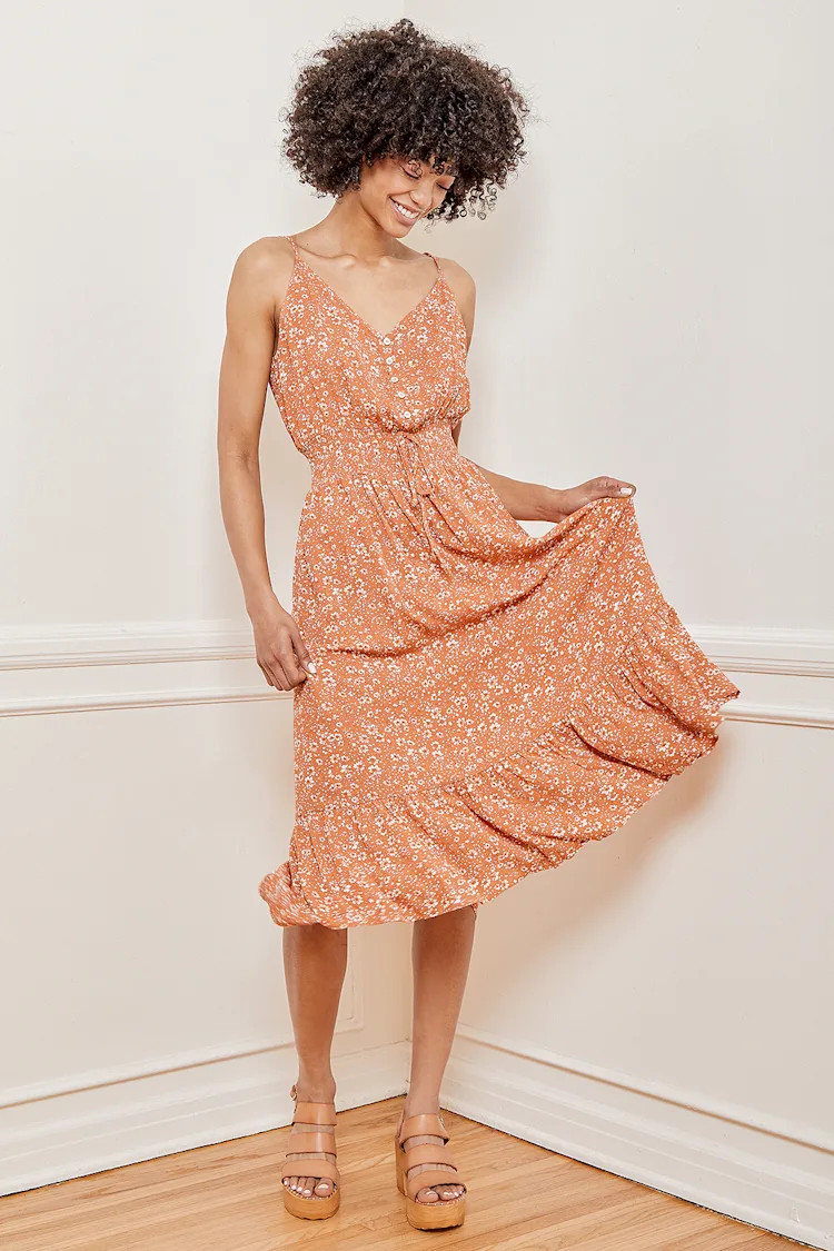 Life is Sweet Orange Floral Print Tiered Midi Dress | Lulus (US)