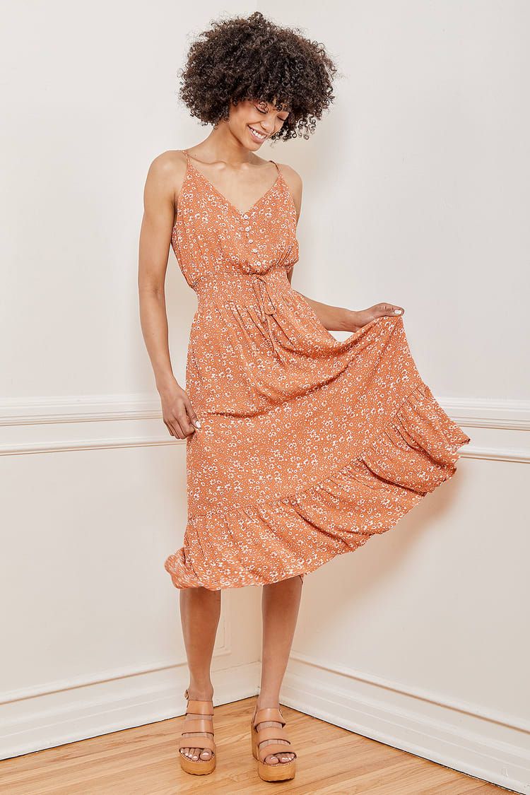Life is Sweet Orange Floral Print Tiered Midi Dress | Lulus (US)