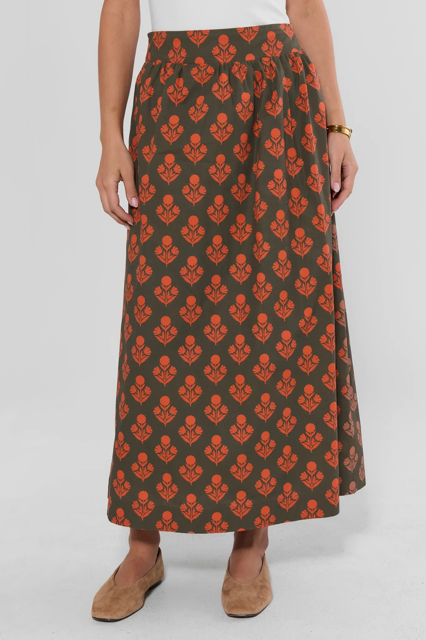 Green Floral Printed Midi Skirt | Avara