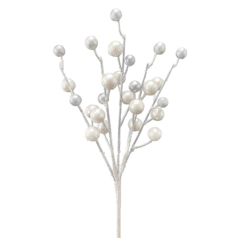 White Metallic Berries Pick, 12" | At Home