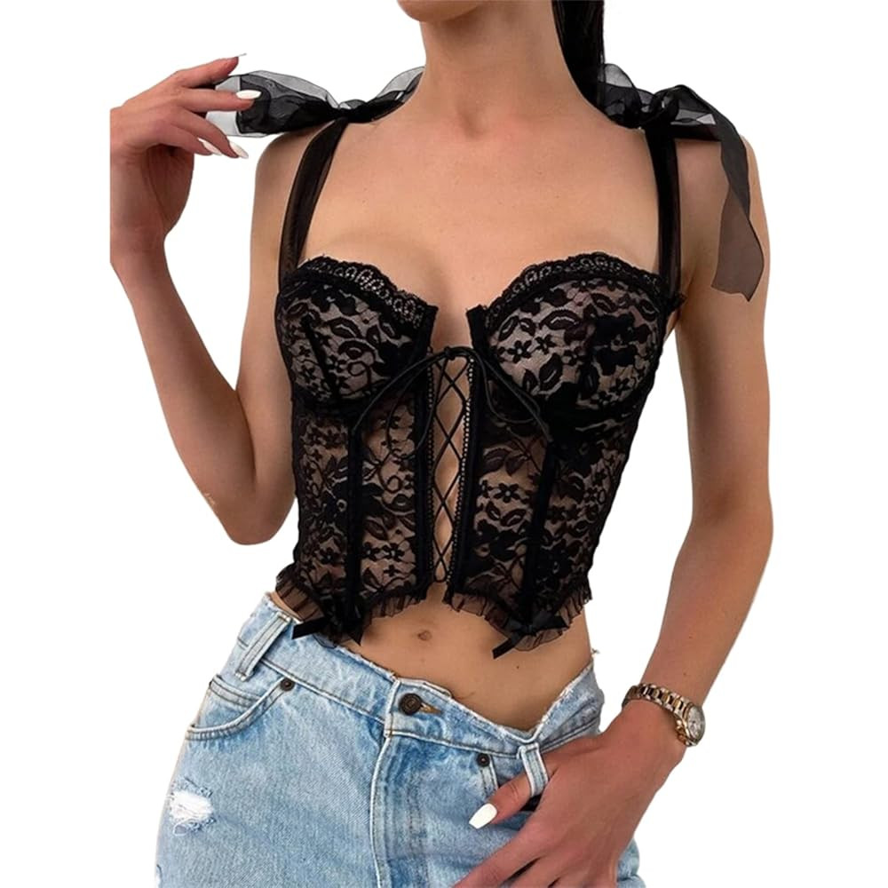 Women Lady Sleeveless Tops Solid Color Strap Closure Lace Pattern Slim Female Vest | Amazon (US)