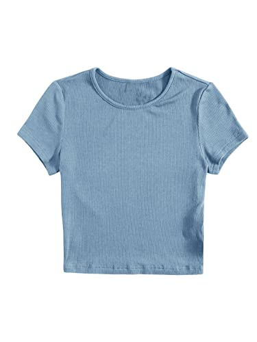 SweatyRocks Women's Solid Crew Neck Ribbed Knit Short Sleeve Crop Top T Shirts Dusty Blue S | Amazon (US)