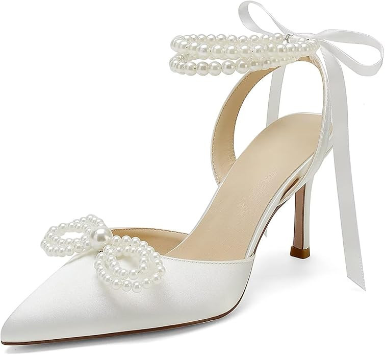 Pearl Heels Wedding Shoes for Bride Bow Wedding Heels Bridal Shoes | Amazon (US)