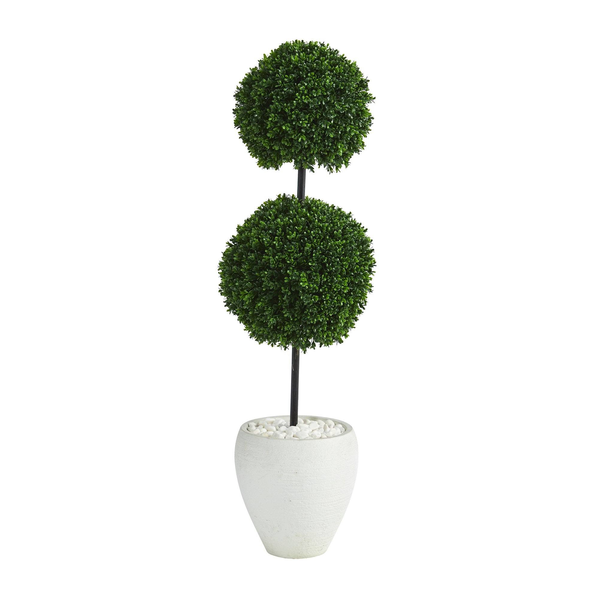 4\u2019 Boxwood Double Ball Artificial Topiary Tree in White Planter UV Resistant (Indoor/Outdoor... | Nearly Natural