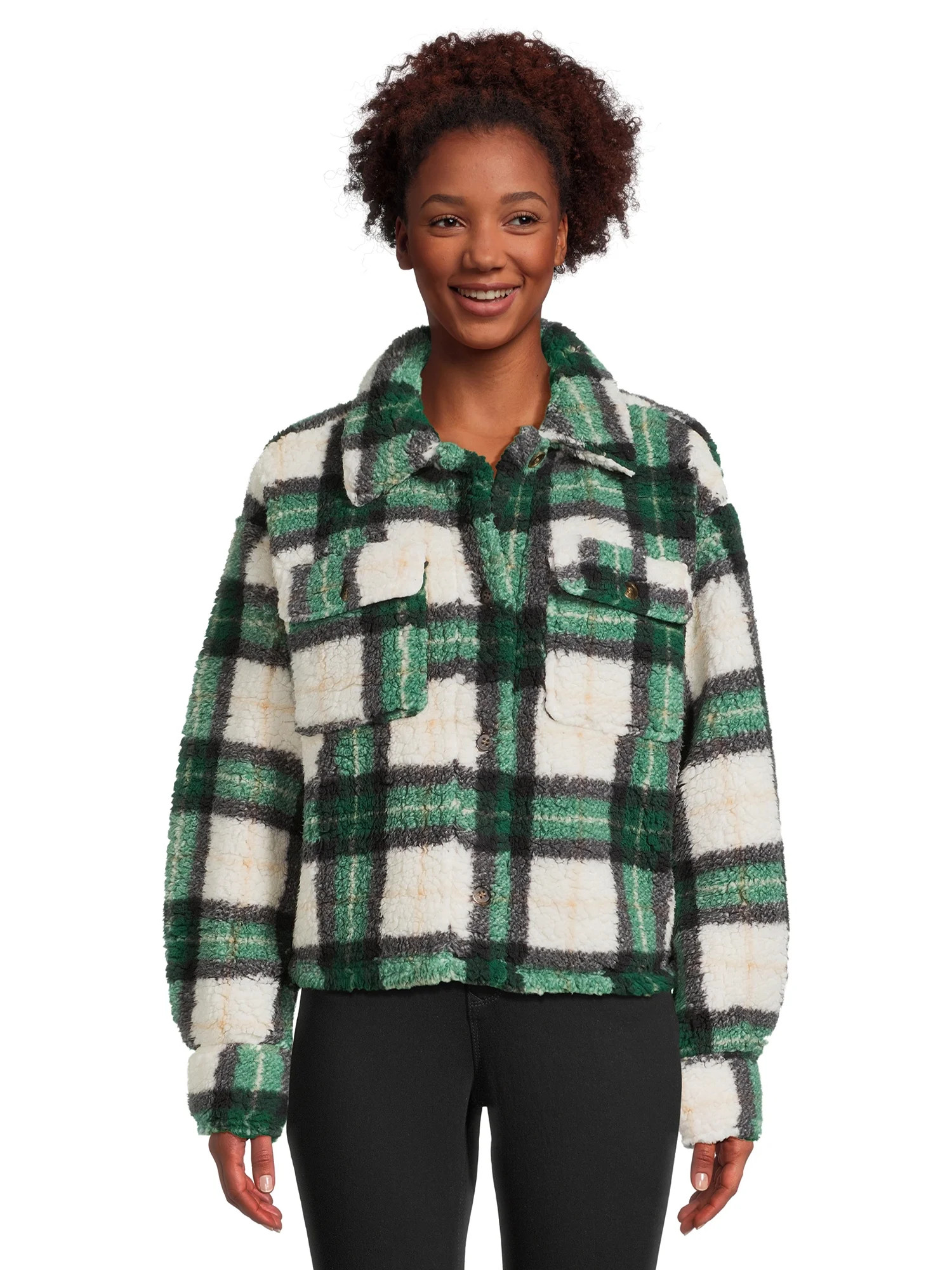 No Boundaries Juniors Plaid Faux Sherpa Shacket, Sizes XS-XXXL | Walmart (US)
