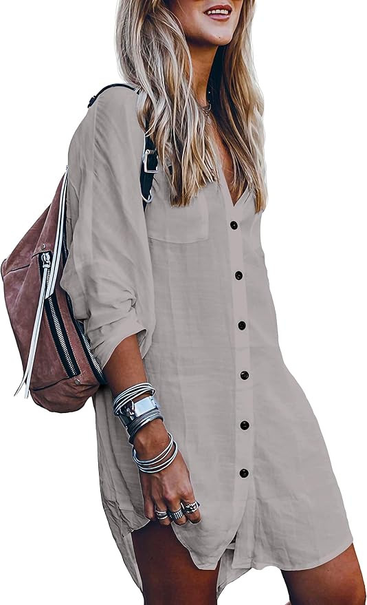 POGTMM Women's Swimsuit Cover Up Summer Beachwear Button Down Shirt Bikini Bathing Suit Beach Cov... | Amazon (US)