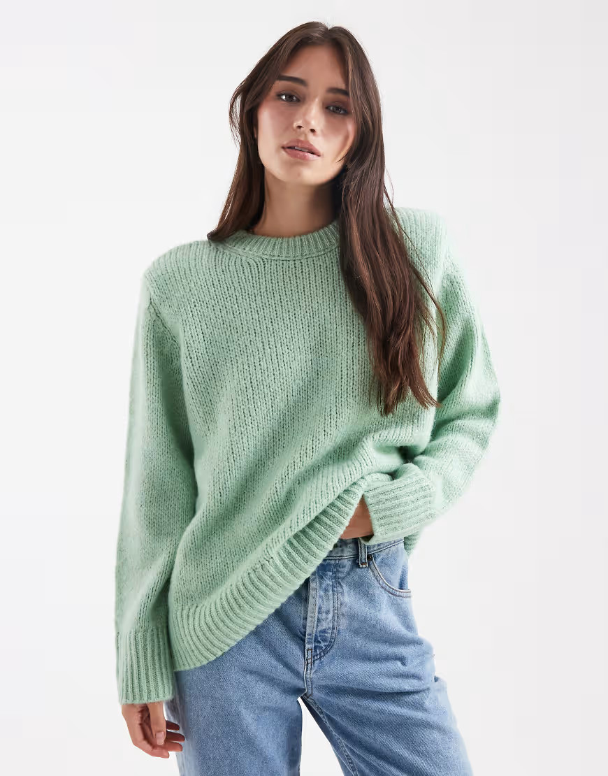 ASOS DESIGN knit oversized sweater with shoulder pads in sage-Green | ASOS (Global)