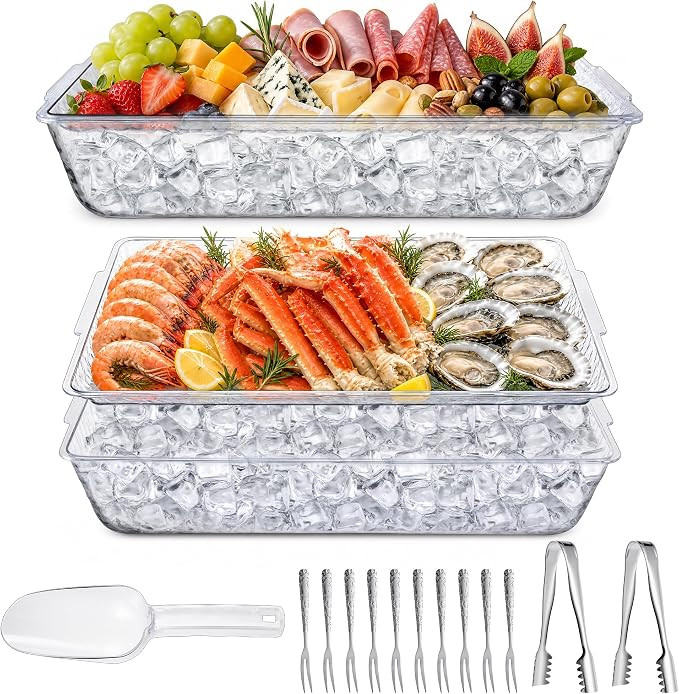 2 Pack Chilled Serving Tray with Ice Chamber, Clear PET Appetizer Platter Set with Stainless Stee... | Amazon (US)