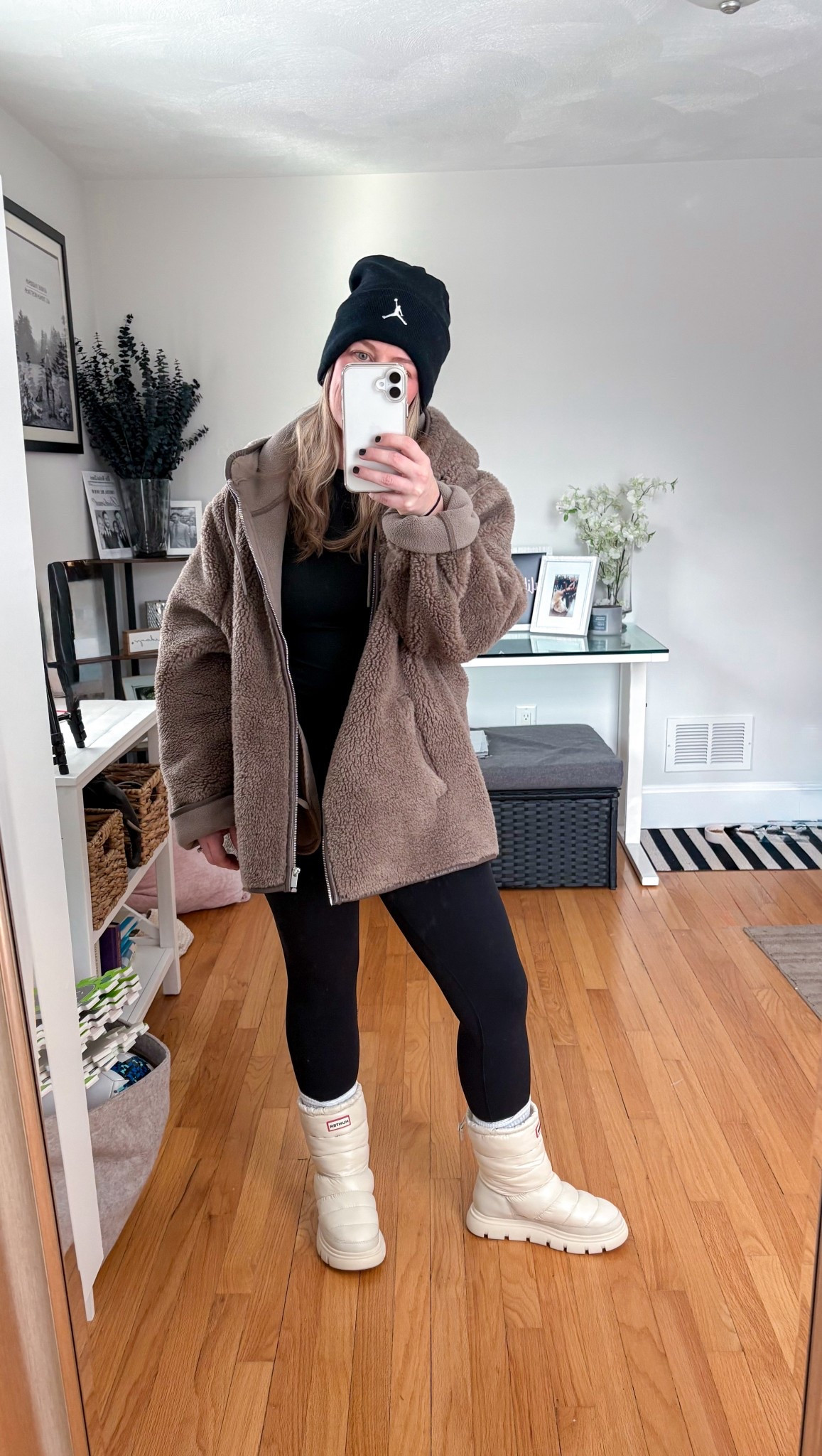 Fitted buttery long sleeve 
Oversized hooded teddy 
Jordan satin lined beanie 
Ivory Maribel hunters 

#LTKootd #LTKSeasonal #LTKmomlife