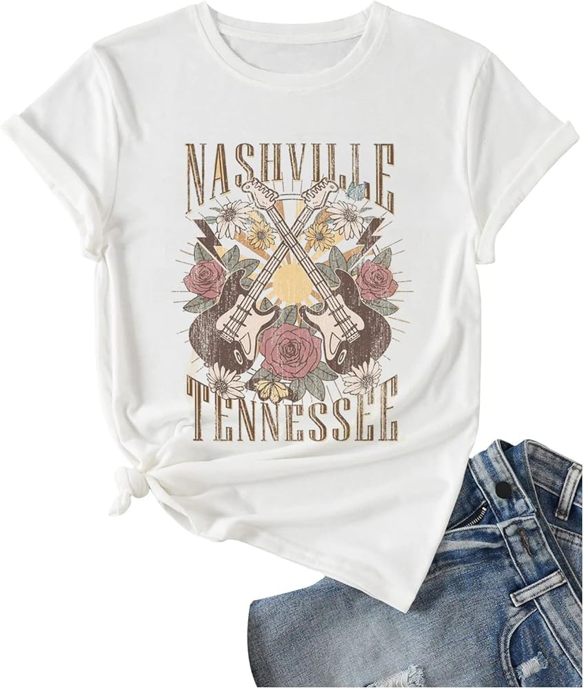 Nashville Shirt for Women Music City Guitar Graphic T Shirt Vintage Band Tees Tennessee Concert T... | Amazon (US)