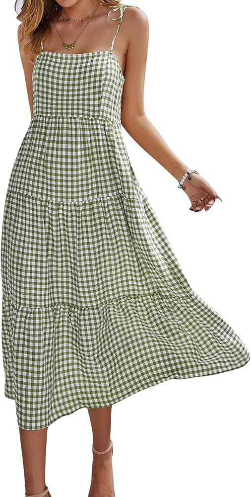 Vaiaye Women Spaghetti Strap Dresses Sleeveless Plaid Loose Adjustable Strap Gingham Dress Beach Mid | Amazon (US)