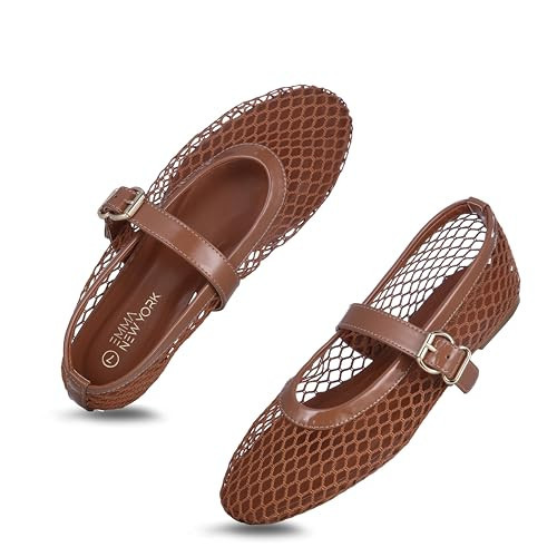 EMMA NEW YORK Mesh Ballet Flats for Women, Mary Jane Mesh Ballet Flats Shoes for Women with Buckle Strap (Brown, 10) | Amazon (US)