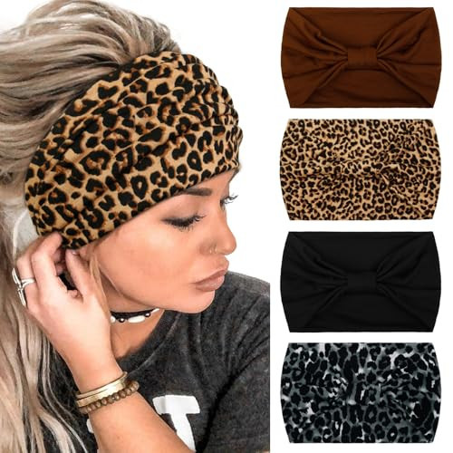 Huachi Wide Headbands for Women Black Stylish Head Wraps Boho Thick Hairbands Large African Leopard Printed Sport Yoga Turban Headband Hair Accessories (Pack of 4) | Amazon (US)