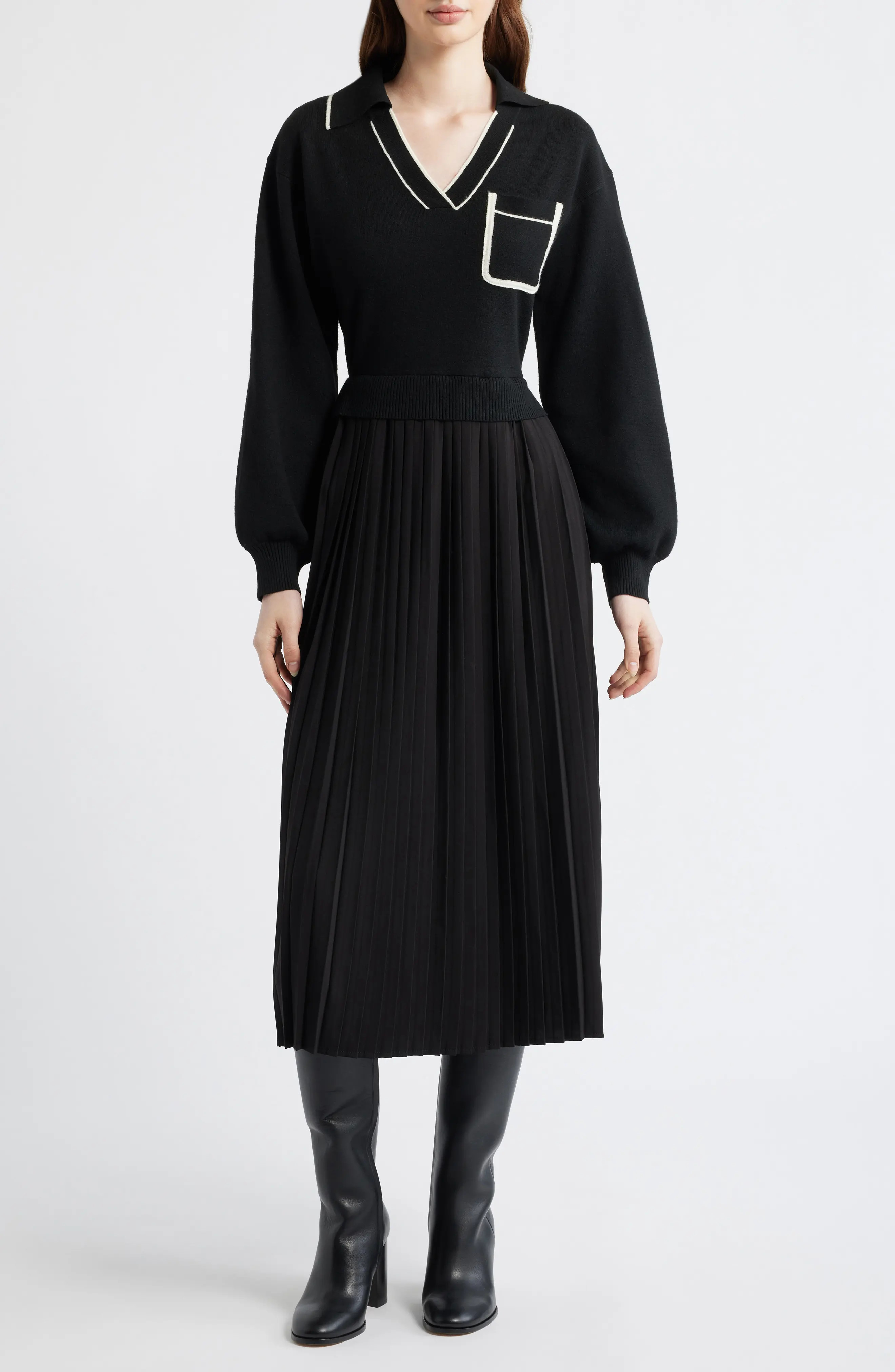 ZOE AND CLAIRE Long Sleeve Twofer Sweater Dress in Black/ivory at Nordstrom, Size Large | Nordstrom