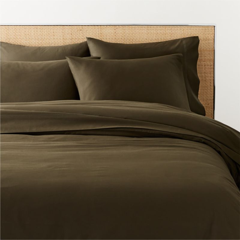 Organic Cotton Sateen 520 Thread Count Dark Green King Duvet Cover + Reviews | CB2 | CB2