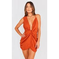 Burnt Orange Textured Plunge Knot Detail Bodycon Dress | PrettyLittleThing US