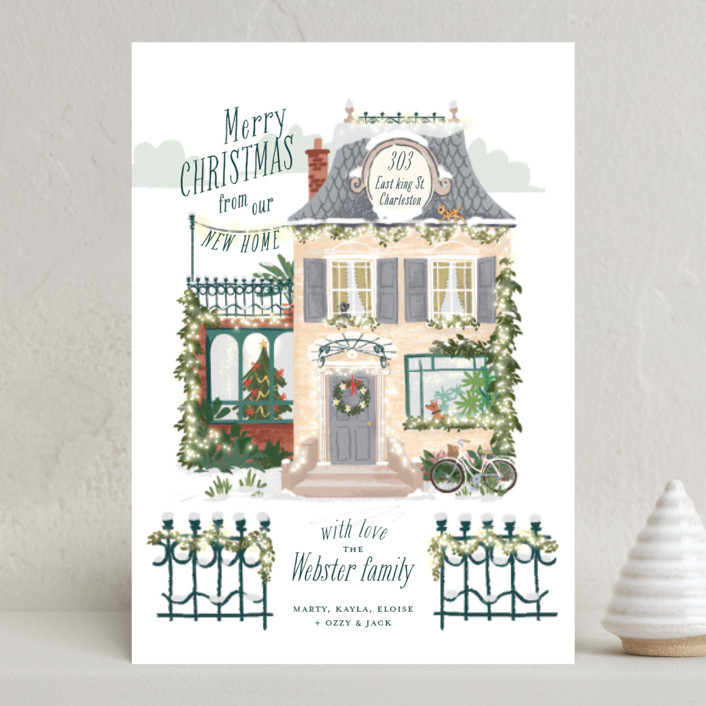 "Little Festive House" - Customizable Holiday Cards in Green by Leia Matt. | Minted