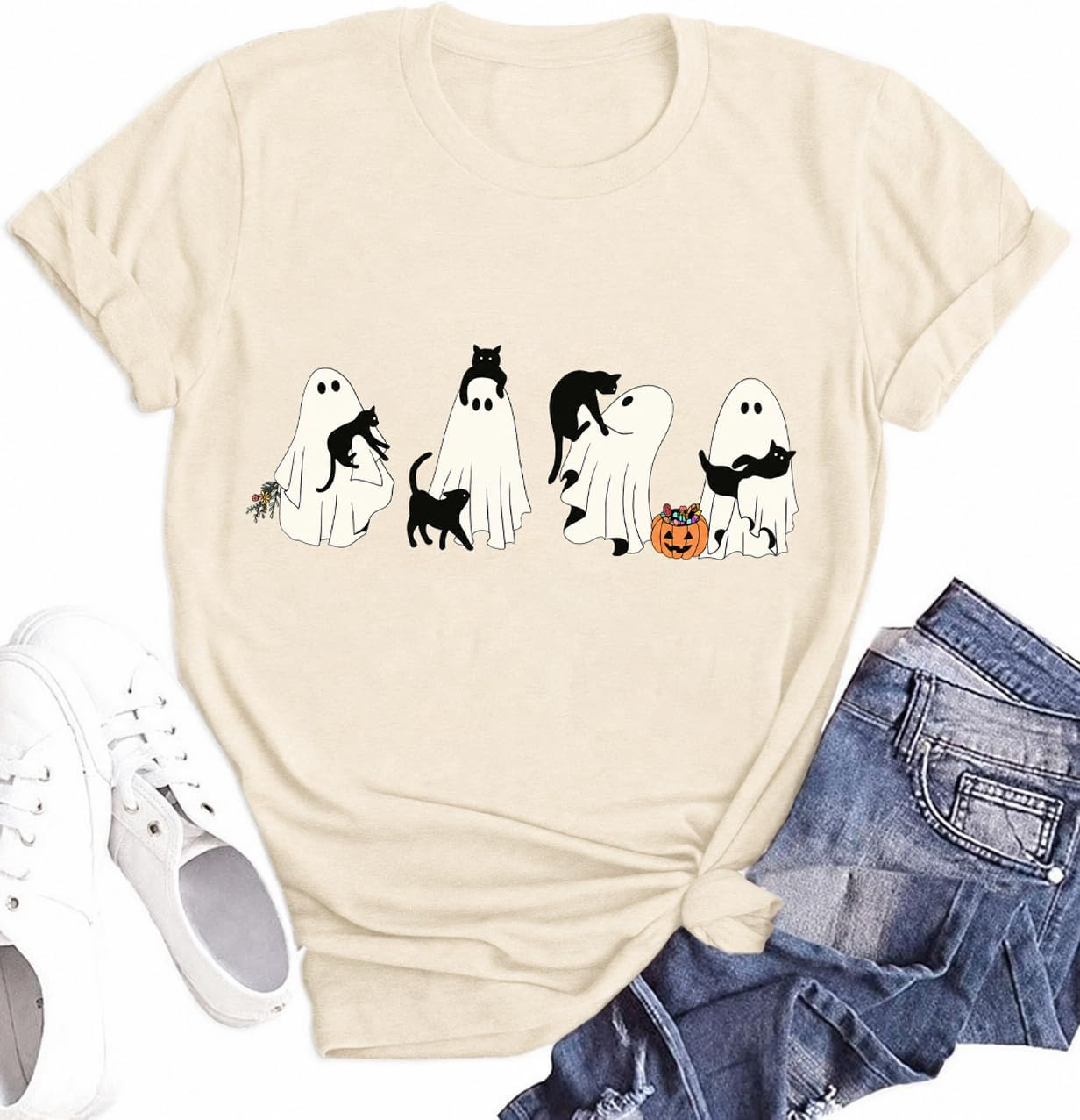 Ghost Graphic Shirt for Women Halloween Spooky Shirts Cute Cat Pumpkin Tee Casual Spooky Season Short Sleeve Tee Tops | Amazon (US)