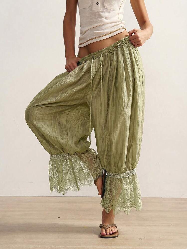 Bohemela Women's Casual Woven Patchwork Lace Trim Loose Pants | SHEIN