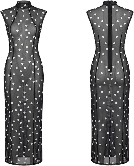 Coquette Sheer Mesh Polka Dot Maxi Dress for Women Mock Neck Sleeveless Beach Cover Up See Throug... | Amazon (US)