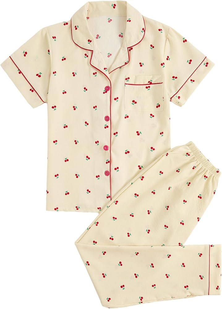 Verdusa Women's 2 Piece Pajama Sets Cute Printed Pj Sets Sleepwear Button Up Shirt with Pants Lou... | Amazon (US)
