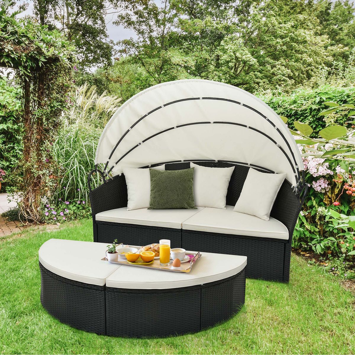 Costway Patio Round Daybed with Retractable Canopy Rattan Sectional Seating Black/White | Target