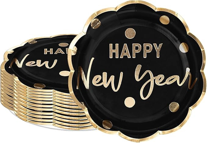 LeZakaa 25Pcs Christmas Paper Plates - Happy New Year Lettering in Black, Gold Foil Design Dispos... | Amazon (US)