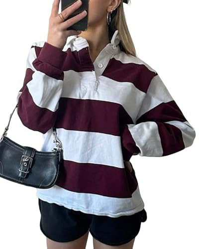 TUWIXIUW Women Striped Rugby Shirt Y2k Long Sleeve Oversized Polo Sweatshirt Vintage Collared Shirt Pullover Top Streetwear(Loose Wine Red,Small) | Amazon (US)