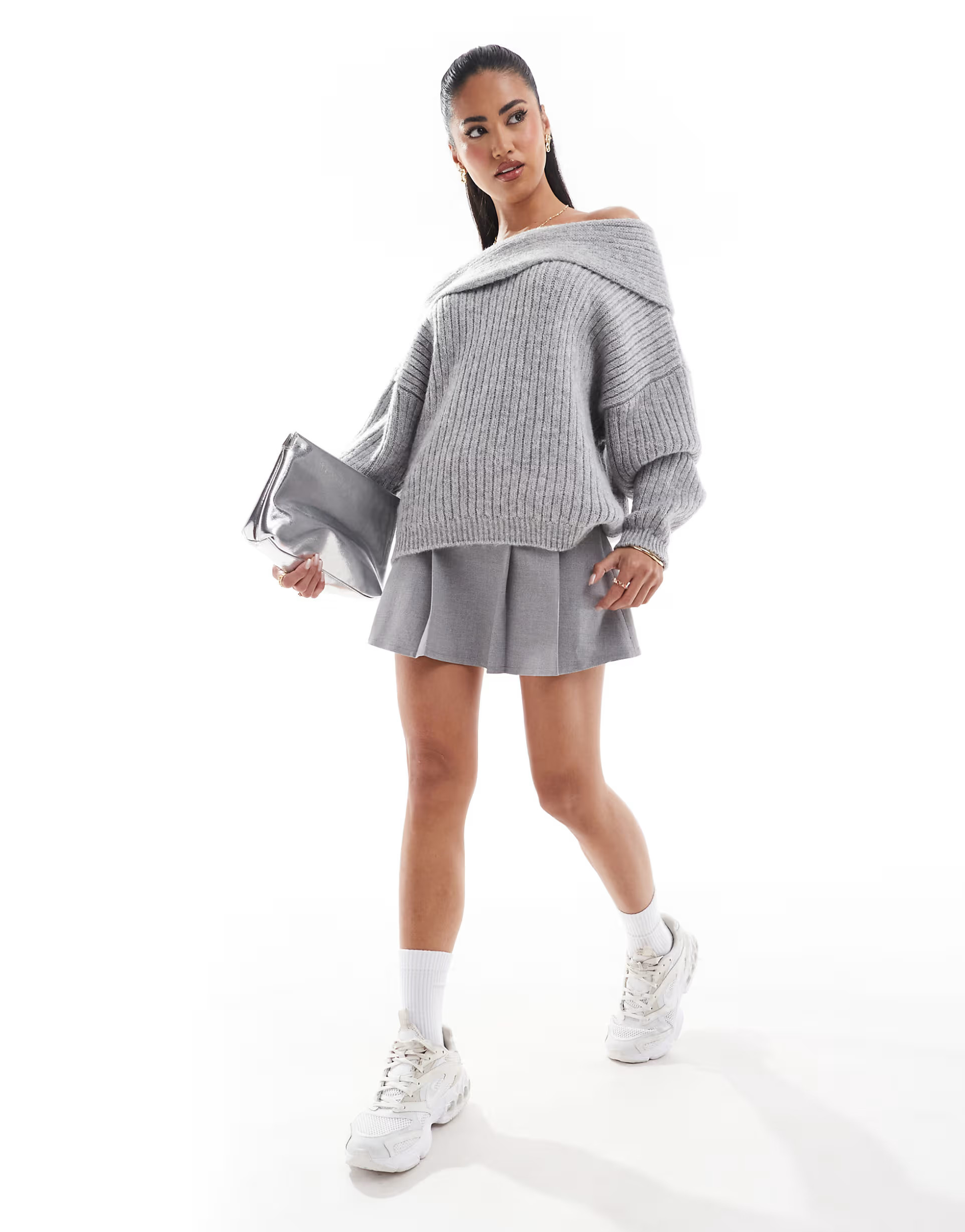 ASOS DESIGN oversized knitted off shoulder jumper in grey | ASOS | ASOS (Global)