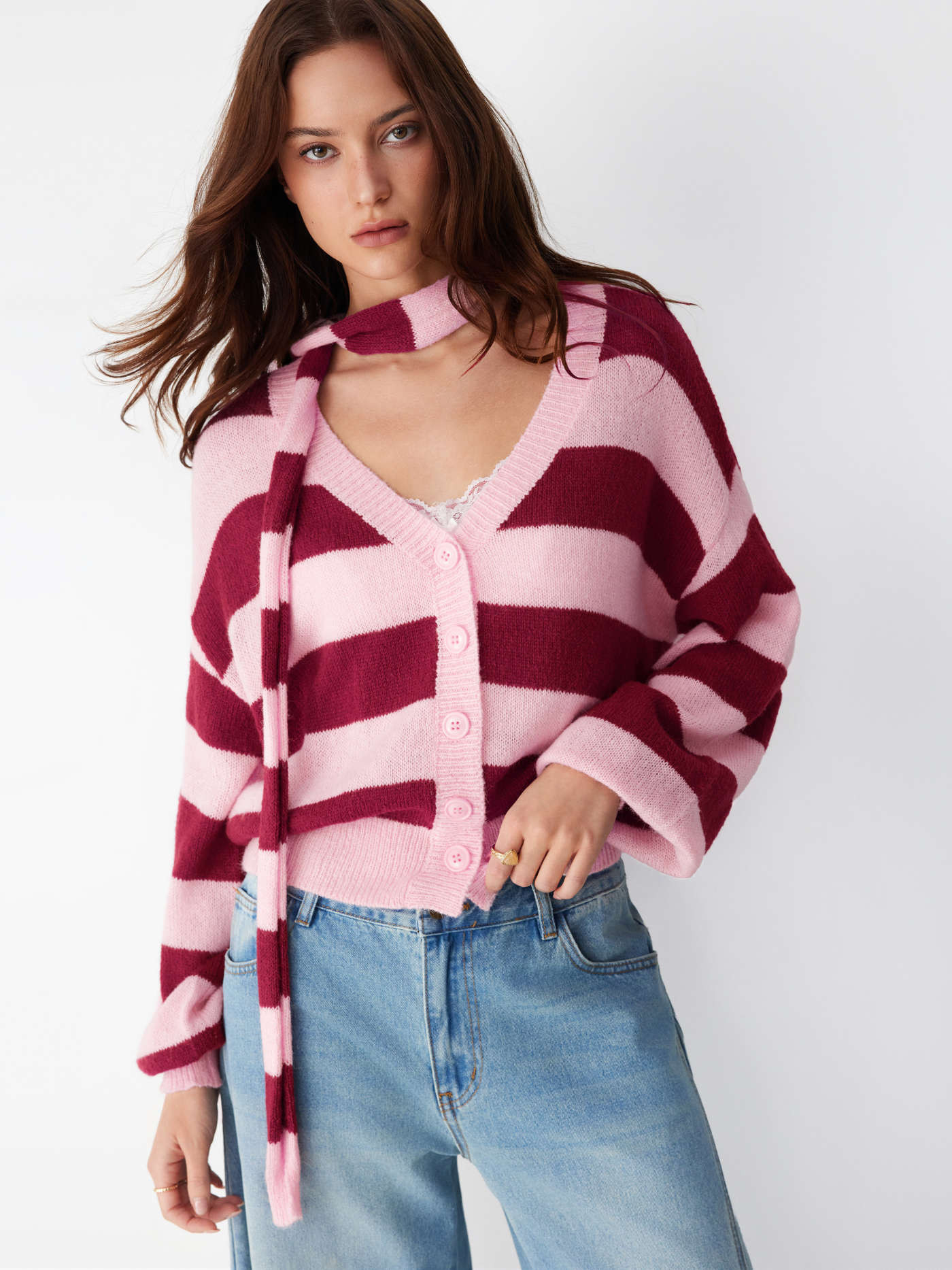 Knit Striped V-neck Oversized Cardigan With Scarf | Cider