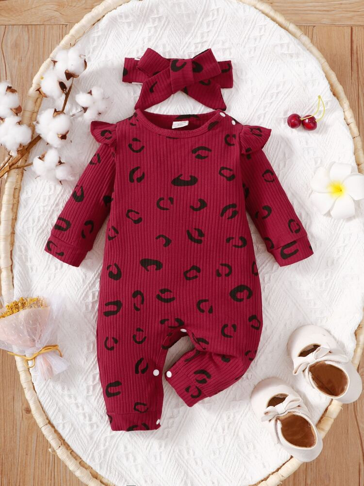 Baby Allover Print Ruffle Trim Jumpsuit & Headband | SHEIN