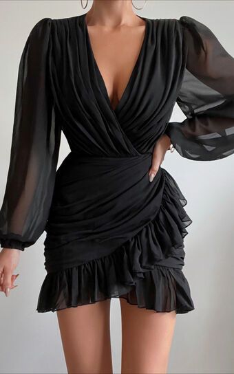 Can I Be Your Honey Mini Dress - Plunge Balloon Sleeve Dress in Black | Showpo (US, UK & Europe)