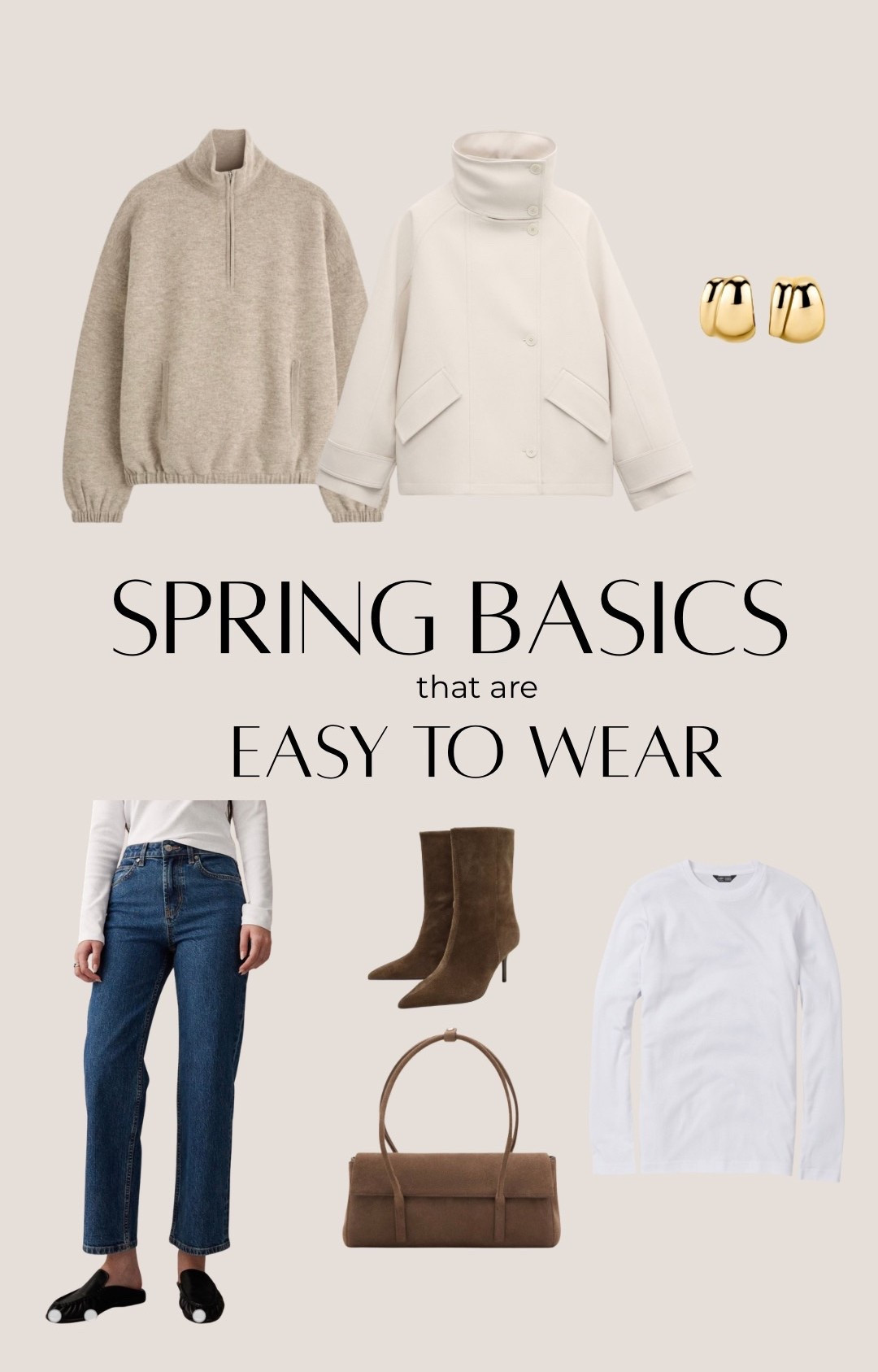 Jeans outfit, easy spring outfit, funnel neck jacket, brown suede boots, brown side bag, half zip top, plain white t-shirt  

#LTKSeasonal #LTKgrwm #LTKootd