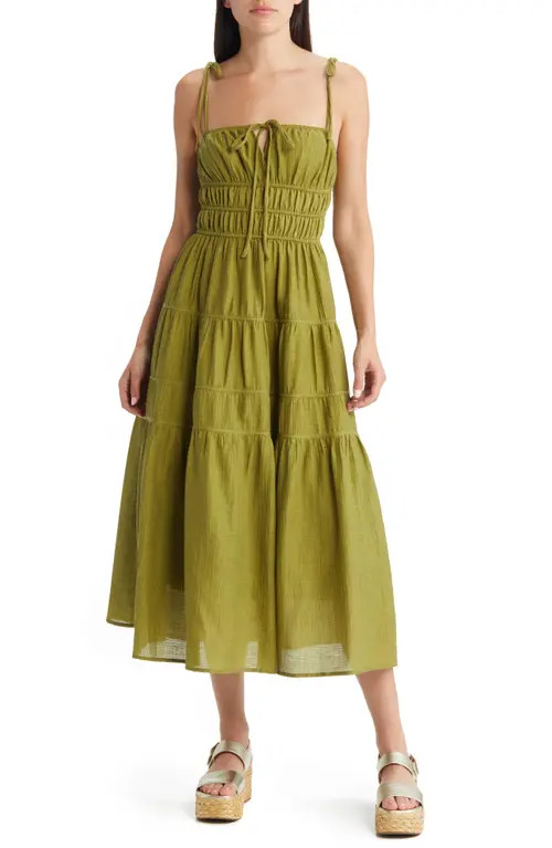 MOON RIVER Shirred Waist Tiered Maxi Dress in Olive at Nordstrom, Size Medium | Nordstrom