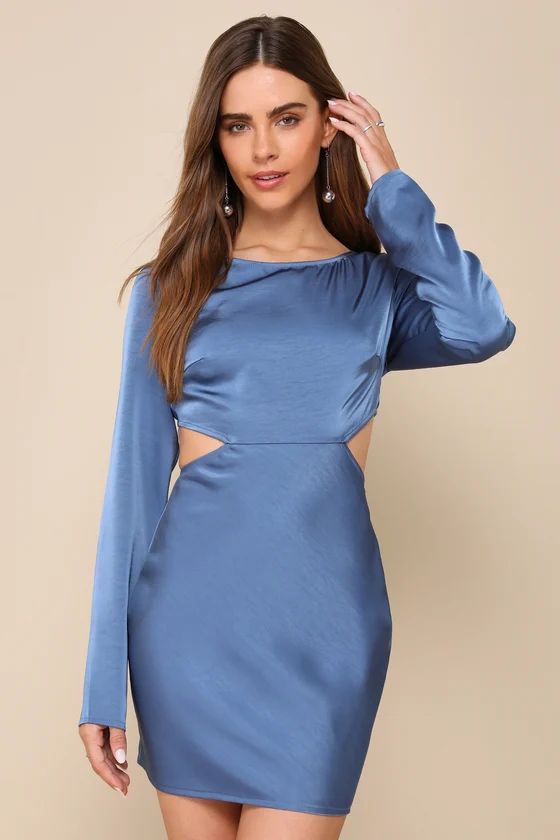 Rooftop Soiree Dark Blue Satin Long Sleeve Backless Mini Dress | Lulus