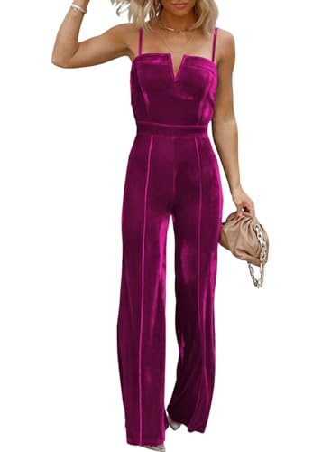 BLENCOT Sleeveless Velvet Jumpsuits For Women V Neck Spaghetti Straps Wide Leg Long Pants Dressy Rompers Winter Overalls Pitaya Small | Amazon (US)