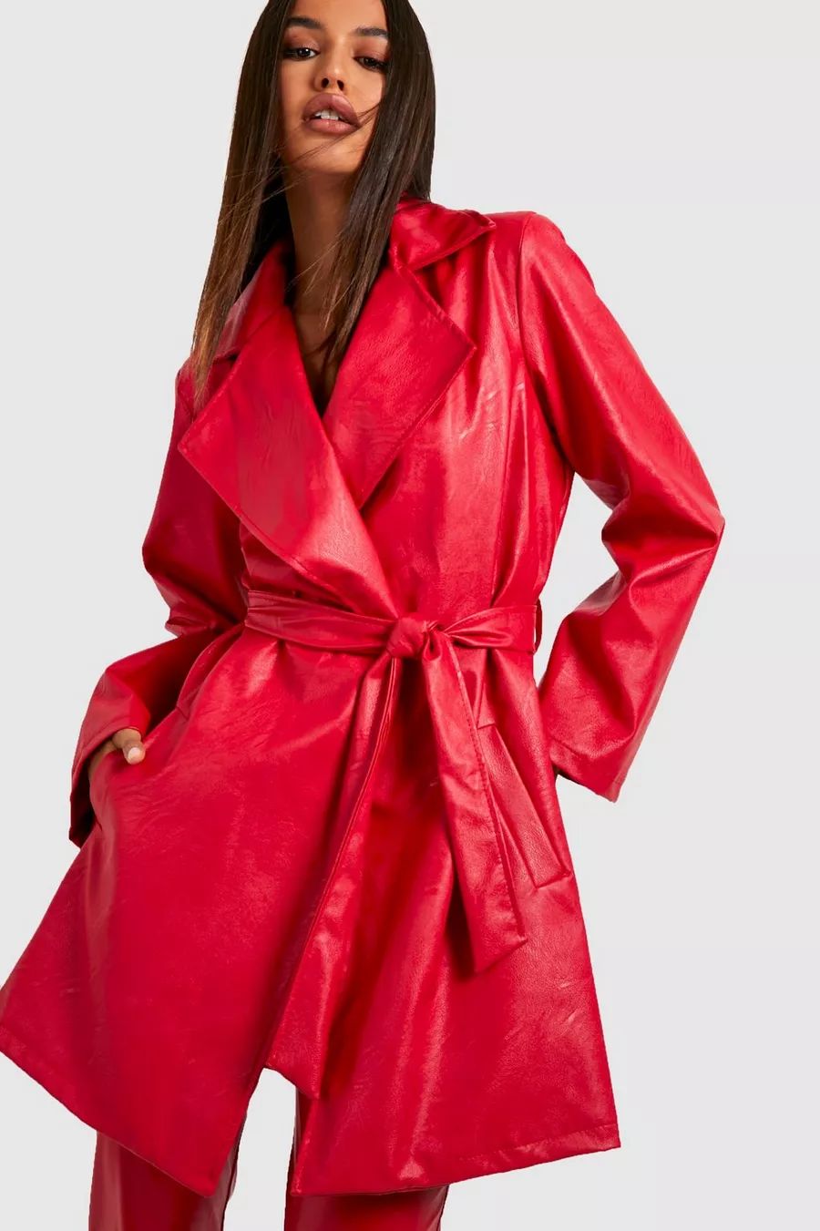 Faux Leather Belted Wrap Trench Coat | Boohoo.com (US & CA)