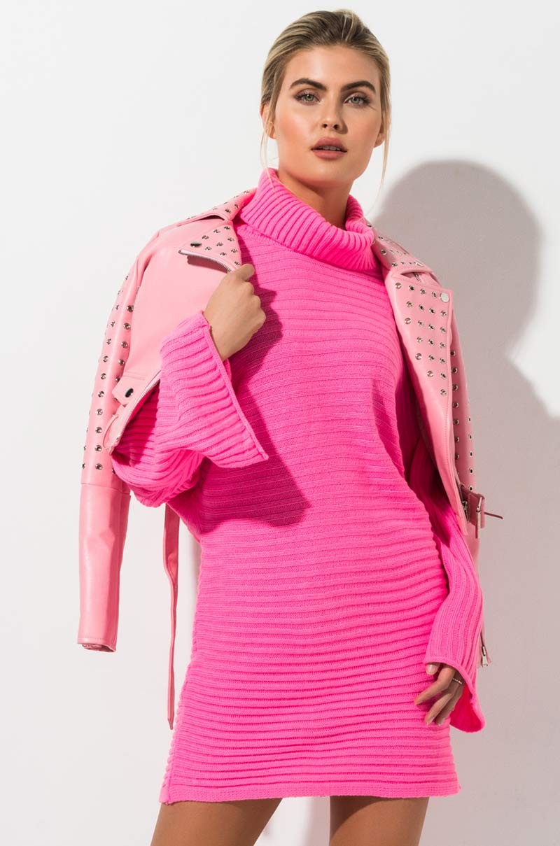 hot pink turtleneck dress