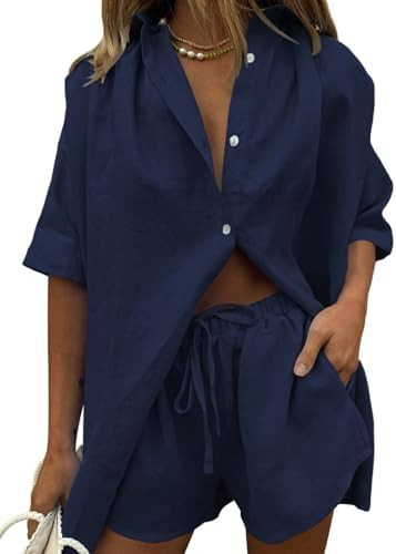 Fixmatti Women 2 Piece Outfits Long Sleeve Button Down Blouse and Shorts Sweatsuit Sets | Amazon (US)