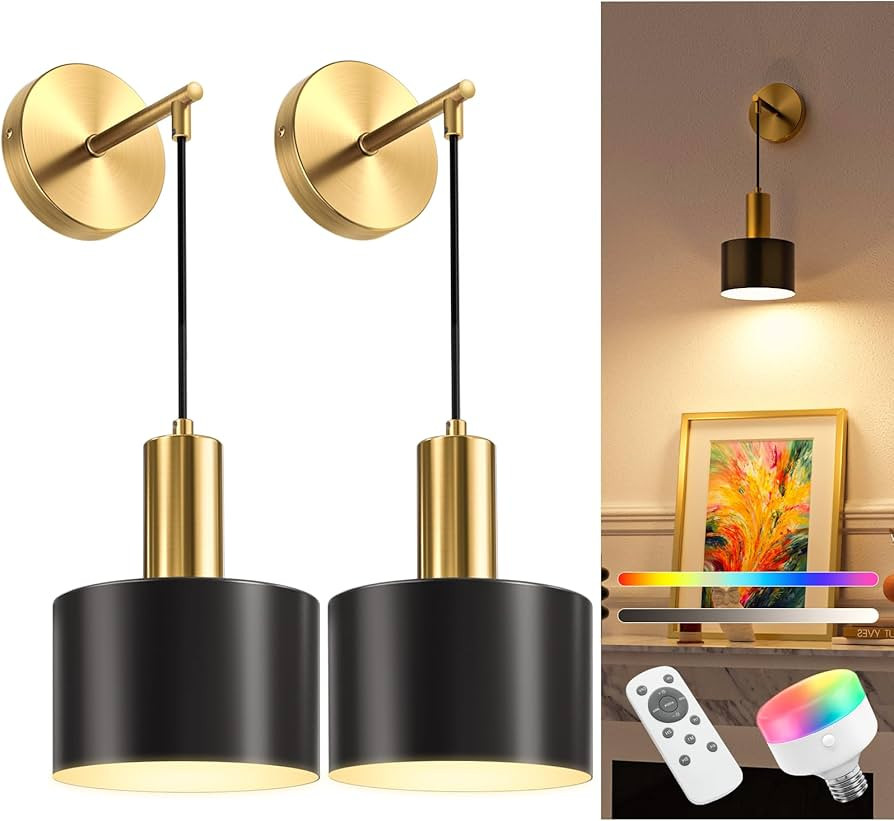 NIORSUN Battery Operated Wall Sconce Set of 2, Gold & Black Wireless Rechargeable Wall Lights wit... | Amazon (US)