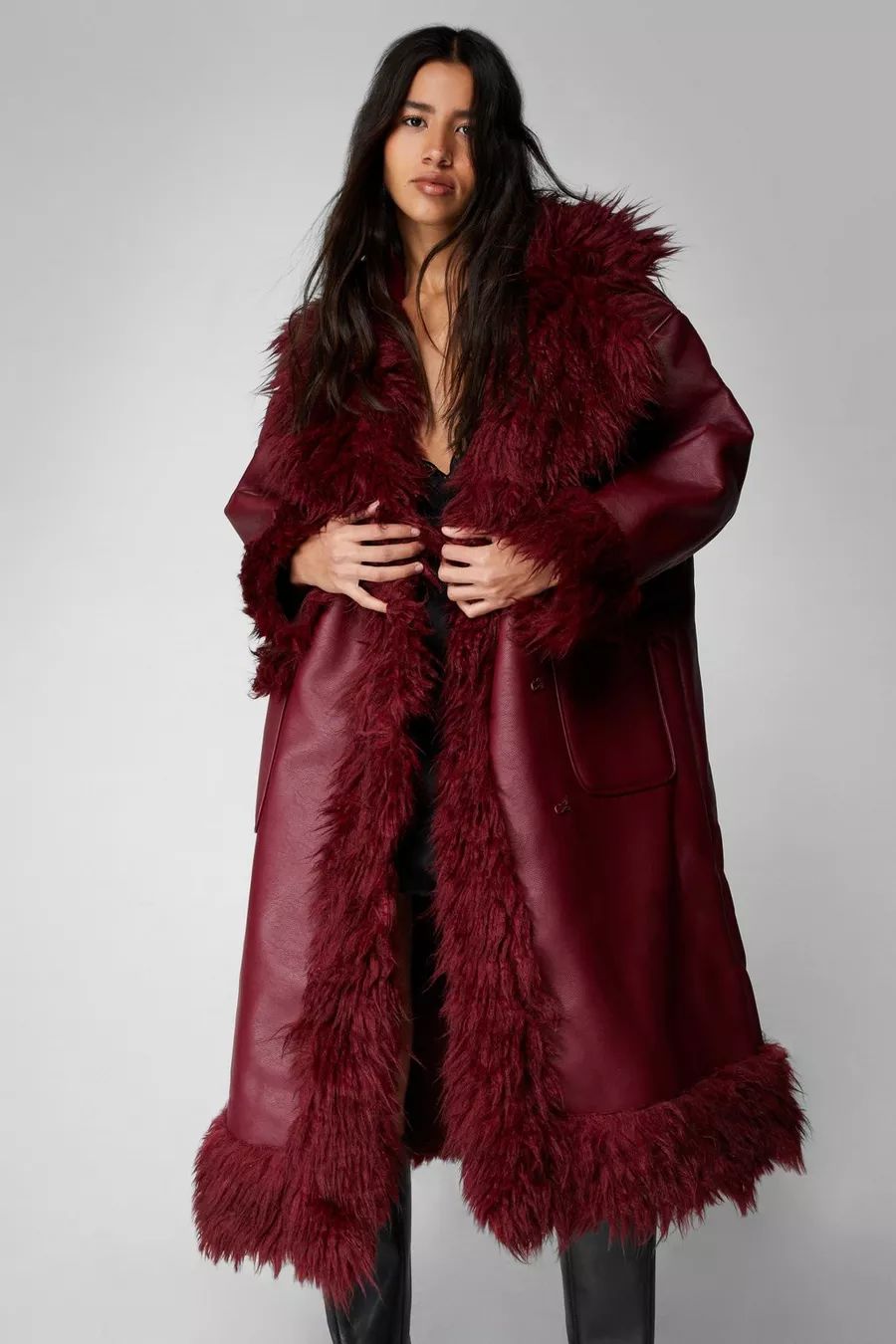 Faux Leather Shearling Fur Trim Longline Afghan Coat | Nasty Gal US