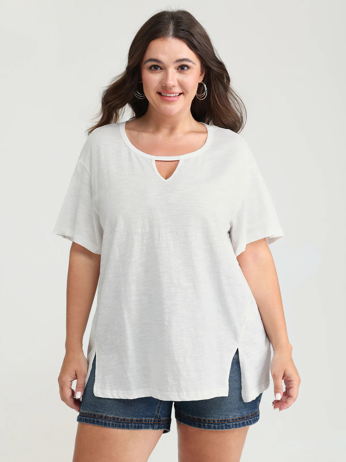Pure Cotton Keyhole Neckline Flowy T-Shirt | Bloomchic