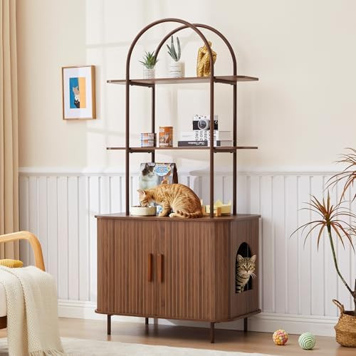 Cat Litter Box Enclosure with Shelves, 62" Walnut Wooden Sliding Door Hidden Litter Box Cabinet, ... | Amazon (US)